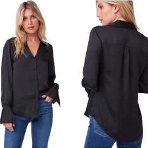 Paige Abriana Flared Cuff Long Sleeve‎ V-neckline Blouse in Satin Feel Black